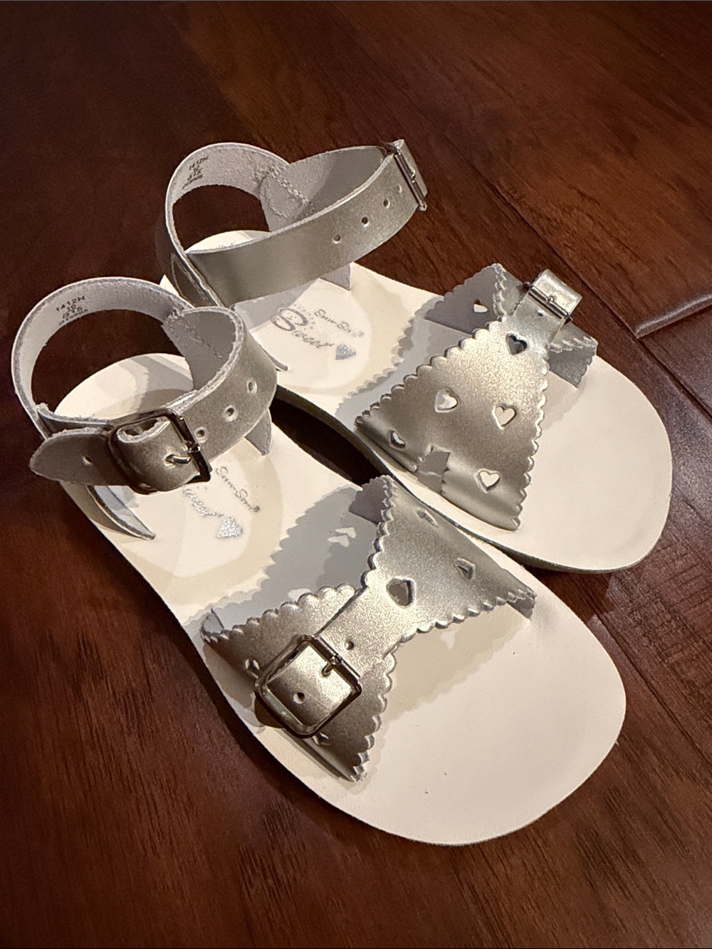 Girls Silver Heart-Embellished Ankle Strap Sandals